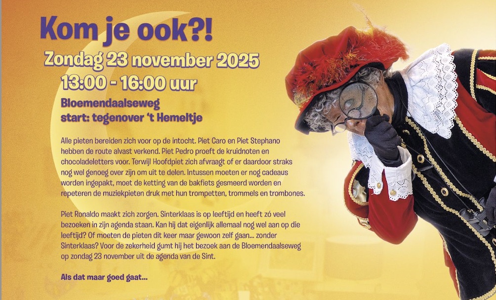 Zondag 23 november: Bezoek Bloemendaal van Sinterklaas en de Pietenbende